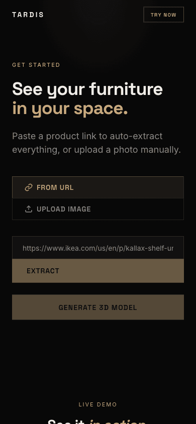 TARDIS app screen for pasting a product link or uploading a photo