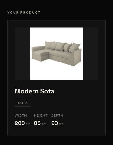 A product card in TARDIS with exact sofa dimensions